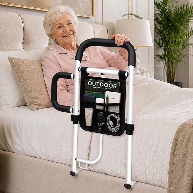 Bed Rails for Elderly, Bed Cane for Seniors, Latest ASTM Certified | 350lbs Support, Bed Cane with Side Handle, Storage Pouch, Non-Slip Padding, ASTM Approved