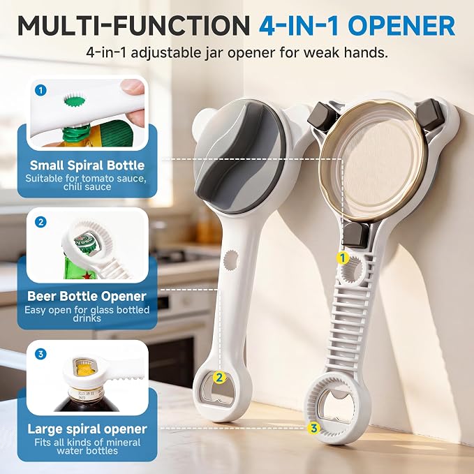 2026 Upgraded 4-in-1 Jar Opener - Adjustable Stainless Steel Lid Remover for Seniors & Arthritis Sufferers, Fits Kitchen Jars, Bottles & Cans Grey(2Pcs)