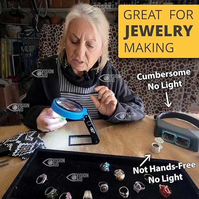 VisionAid Hands-Free Magnifying Glass with Stand, LED Lights, Loupe Handheld Illuminated Magnifier for Low Vision Seniors Coins Reading Jewelry