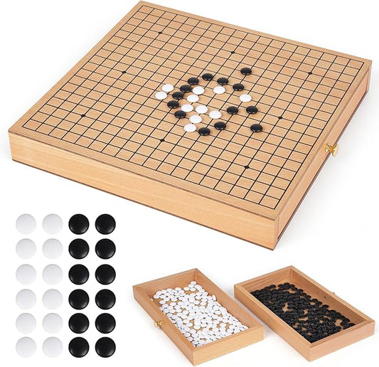 12-Inch Traditional Wooden Go Game Set with Pull-Out Storage Drawers – Classic Weiqi Board Game with Black and White Stones – Premium Wood Go Board for Beginners, Adults, and Professional Players