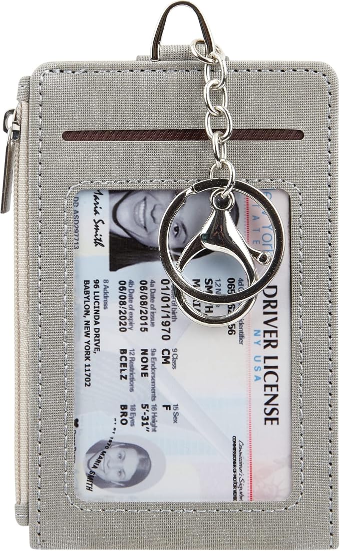 Women & Men Keychain Card Holder Case Zipper Slim Minimalist Front Pocket Wallet with 2 ID Window, Grey