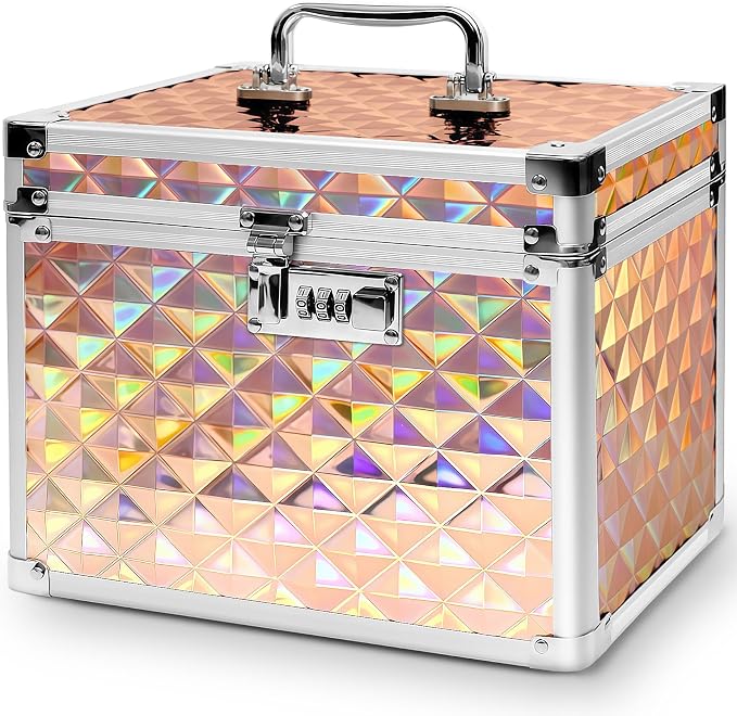 Medication Combination Lock Boxes with Code for Personal Items, Medicine Lockbox for Documents 10 x 7.25 x 7.75 Inches Plaid Gold