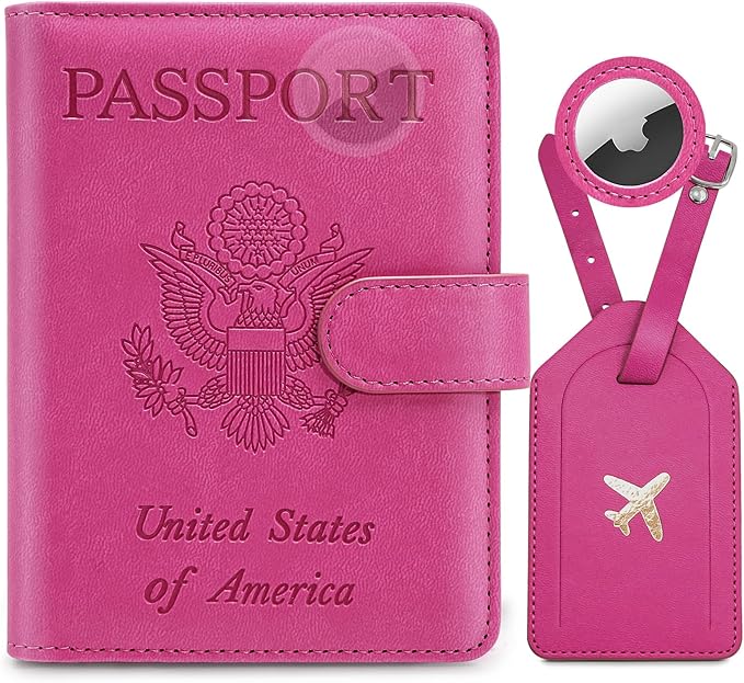Passport Holder For Travel with Slot for AirTag & Luggage Tag Cover – RFID Blocking Travel Passport Wallet for Women/Family | PU Leather Passport Case with Extra Money Pocket, Pink