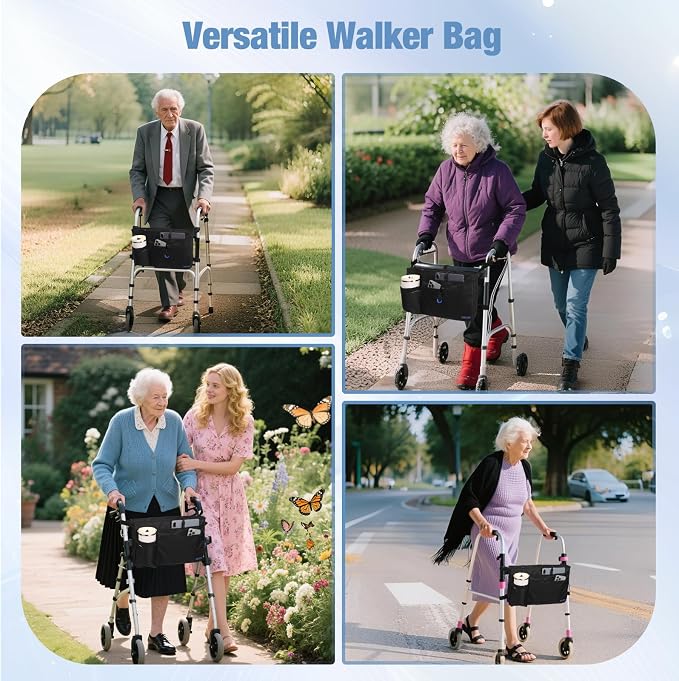 ZHCHG Walker Bag with Cup Holder, Walker Accessories for Seniors Detachable | Foldable Walker Basket with Large Capacity, Best Gift (Not Fit Rollator Walkers)- Black