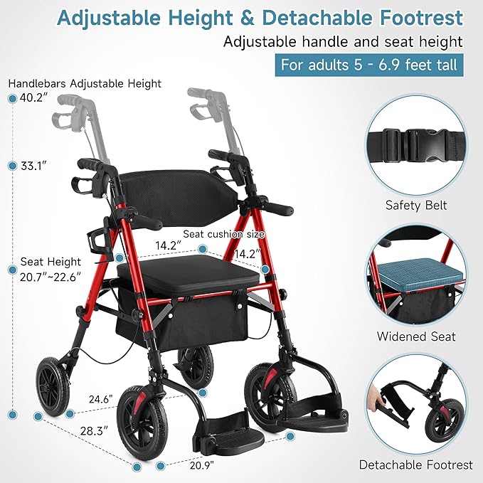 Walkers for Seniors, 2 in 1 Rollator Wheelchairs Combo 10" Big Wheels Walker with Seat, Rollator Transport Chair with Brakes Folding Rolling Walker for Adults, Red
