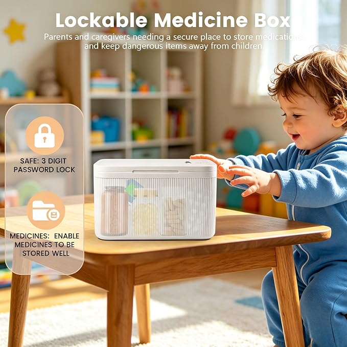 Upgraded Taller Size Medicine Lock Box,Lockable Storage Box with Combination Code for Medication Safe,Lock Box for Pills/Snack/Ipad Mini,Locked Container for Home/Office 9.4X5.5X5.7inch Medium