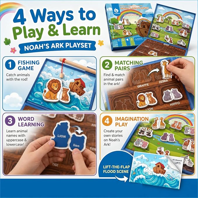 Travofun Magnetic Travel Games, Travel Toys for Toddlers 3-5, Noah's Ark | Magnetic fishing game plus matching, spelling, and story play; a quiet travel toy for toddlers 3-5 on car rides and planes.