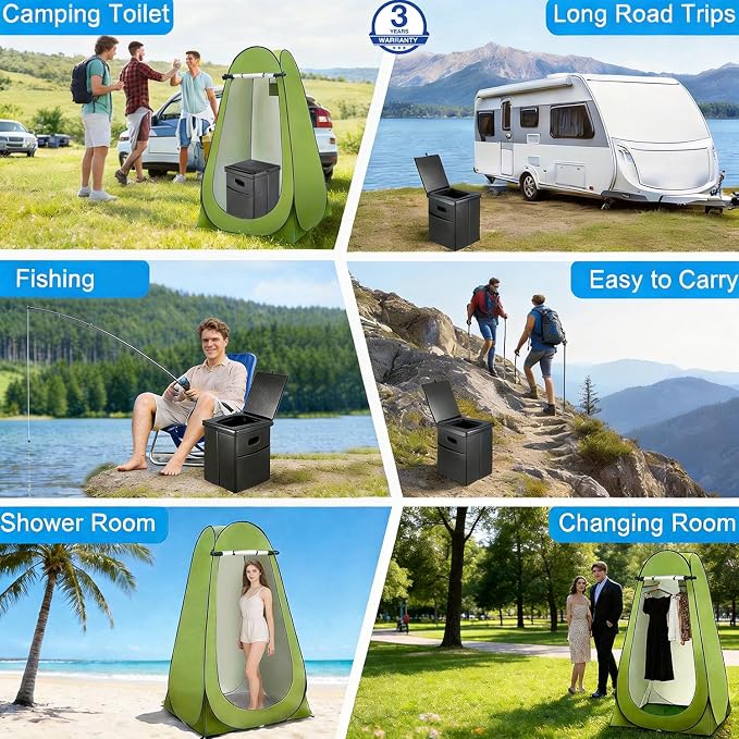 Panmout Portable Toilet Kit with Pop-Up Privacy Tent, 16.5" Camping Toilet | All-in-One Outdoor Portable Camping Bathroom with Camping Toilet , Waste Bags, LED Light for Camping, RV, Road Trip