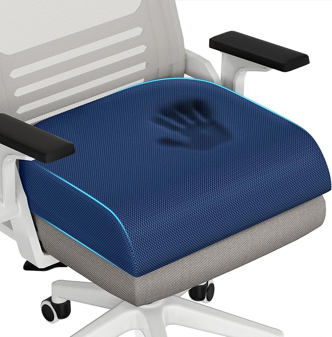 TranquilRelax 2XL Memory Foam Seat Cushion for Office Chair, 3.7-Inch, Blue | Medium-firm Support for Long Sitting, Washable Mesh Cover, Non-slip Base, Perfect for Car Seats & Short Drivers