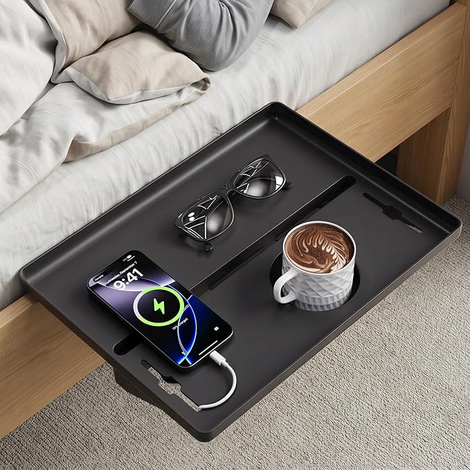 JOYMOOP Clip-On Bedside Shelf for Bunk Beds, Dorm Room Essentials, Bedside Caddy, No-Tool Install Bed Side Table Storage for Loft, Platform Beds, Nightstand Caddy for Phone, Glasses, Book, Black