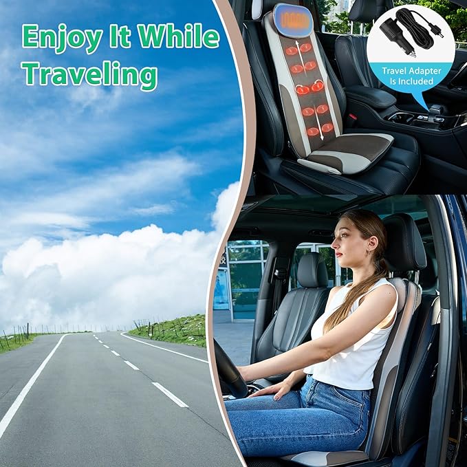 Shiatsu Back Massager with Heat, Massage Chair Pad Seat Cushion for Stress Relief, Deep Tissue Kneading & Roller, 2 Vibration Motors, Back Waist Hip Massager, PU Leather, with 2 Adapters