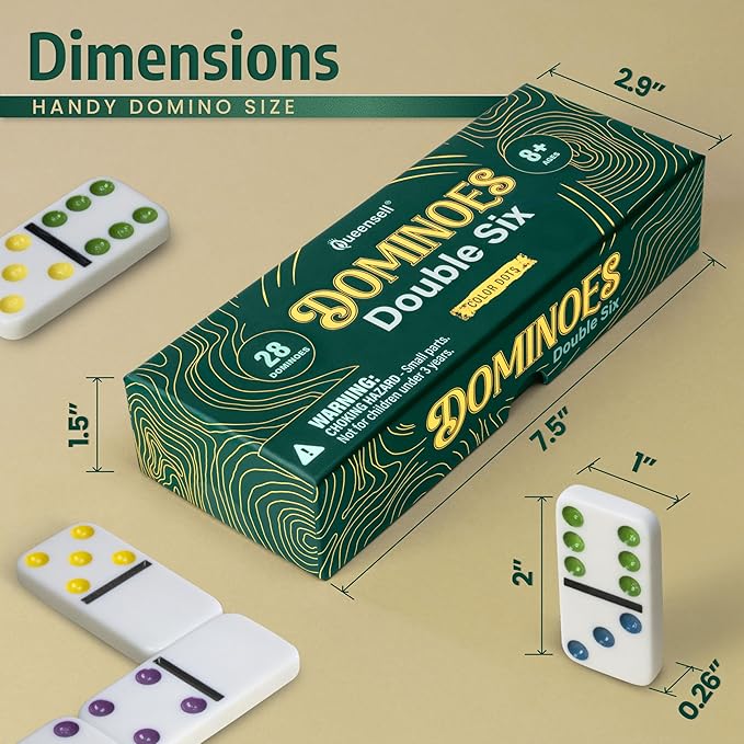 Queensell Large Tiles Dominos Set for Adults and Kids with Colored Dots - Double 6 Dominoes Set is a Classic Board Games for Kids and Adults - Double Six Standard Dominos Set 28 Tiles