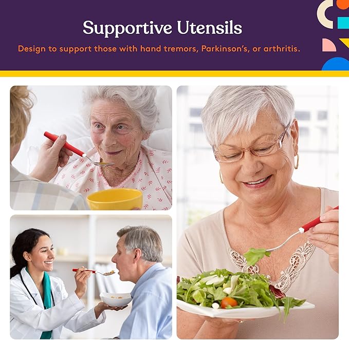 Special Supplies Adaptive Utensils 5-Piece Set Non-Weighted, Non-Slip Handles for Hand Tremors, Arthritis, Parkinson’s or Elderly Use - Stainless Steel Knife, Rocker Knife, Fork, Spoons - Red