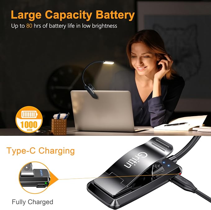 Gritin 2 Pack 9 LED Rechargeable Book Light for Reading in Bed | Eye Caring 3 Color Temps,Stepless Dimming Brightness,80 Hrs Runtime Small Lightweight Clip On Book Reading Light-Black