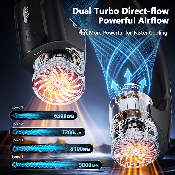 Mavax ChillGo Portable Neck Fan - 8000mAh Personal Wearable Fan, 9000 RPM Direct-flow 4X Powerful 360° Airflow Cooling Fan, Max 16H, 4 Speeds, LED Display, Great Gifts for Men Women - 5th Gen Black