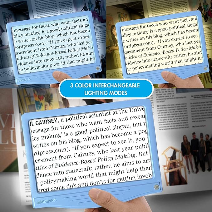 MagniPros 5X Rechargeable Large Ultra Bright LED Page Magnifier with Anti-Glare Lens & 3 Color Light Modes, Relieve Eye Strain- Ideal for Reading Small Prints, Low Vision, Seniors