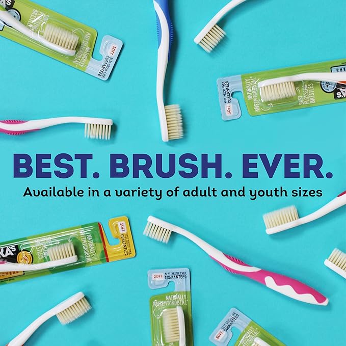 MOUTHWATCHERS Soft Childrens Flossing Manual Toothbrush, 1 Pink and 1 Blue Toothbrushes for Kids & Teens, Ultra Clean, by Dr. Plotka's
