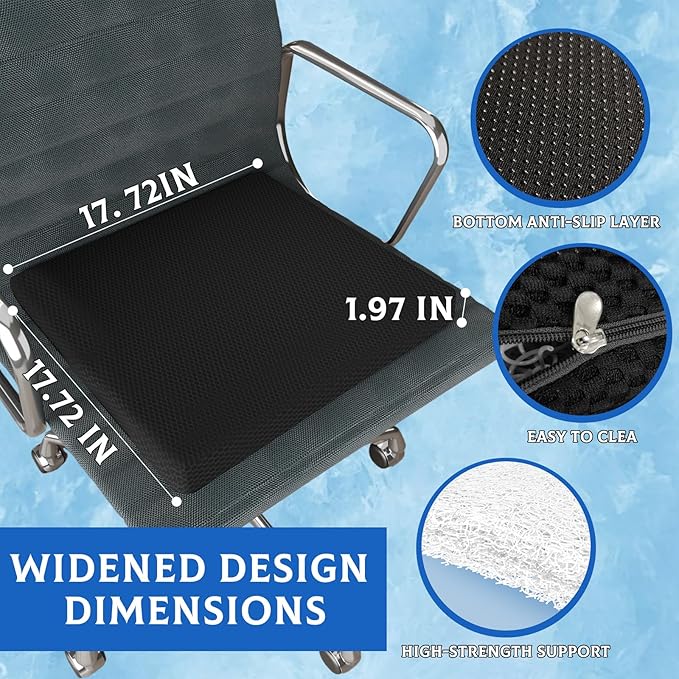 Enhanced Comfort for Long Sitters, Drivers & Wheelchair Users Breathable Extra-Wide Seat Cushion with Easy-Clean Material (Black, 17.72" x 17.72" x 1.97")