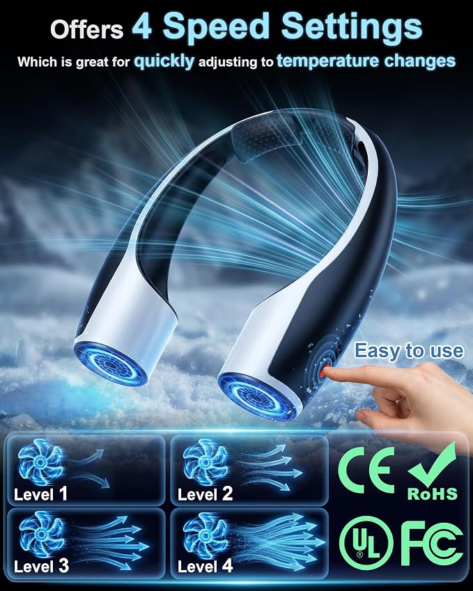 Rohent Portable Hands-Free Neck Fan - 4000mAh Battery, USB-C Rechargeable, Ultra-Quiet, 4 Adjustable Speeds – Perfect for Office, Outdoor, and Travel Use | USB-C Rechargeable, Comfortable to Wear, Perfect for Hot Days, Walking, Traveling, or Working Ou...