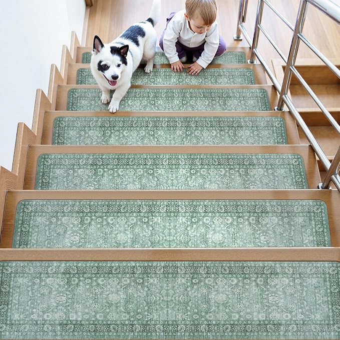 Vintage Stair Treads Non Slip Stair Runners for Wooden Steps 15PCS 8"x30" | Indoor Carpet Stair Treads for Wood Stairs Rubber Staircase Step Treads for Kids & Dogs, Stair Covers, Green