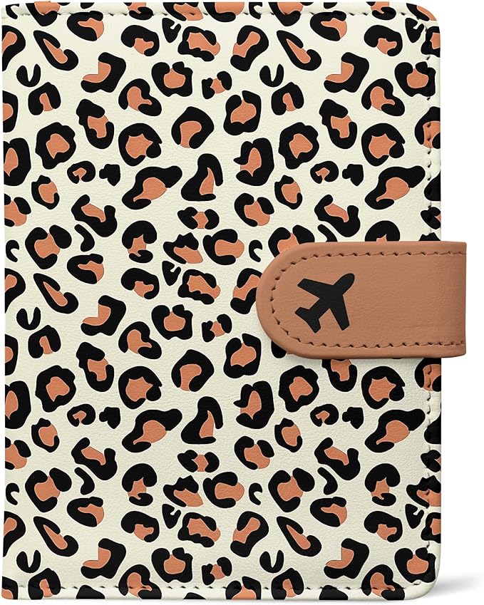 Passport Holder, Cute Travel Wallet Cover with RFID Blocking,Leopard | PU leather travel wallet with magnetic closure, card slots, pen loop, and easy access for passports and essentials.