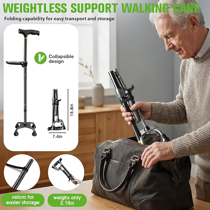 Walking Cane with LED Light for Women Men,Adjustable Folding Walking Canes for Seniors Balance(350LB),Large Base 4 Prong Quad Cane for Extra Stability,Self Standing Walking Stick with Light&2nd Handle