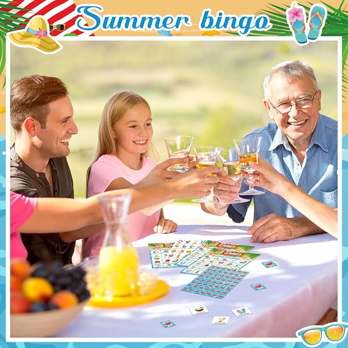 Liliful 35 Pcs Summer Bingo Games 24 Players Beach Party Bingo Cards Hawaii Party Games for Boys Girls Adults Family Classroom Activities Tropical Beach Luau Party Favors Supplies