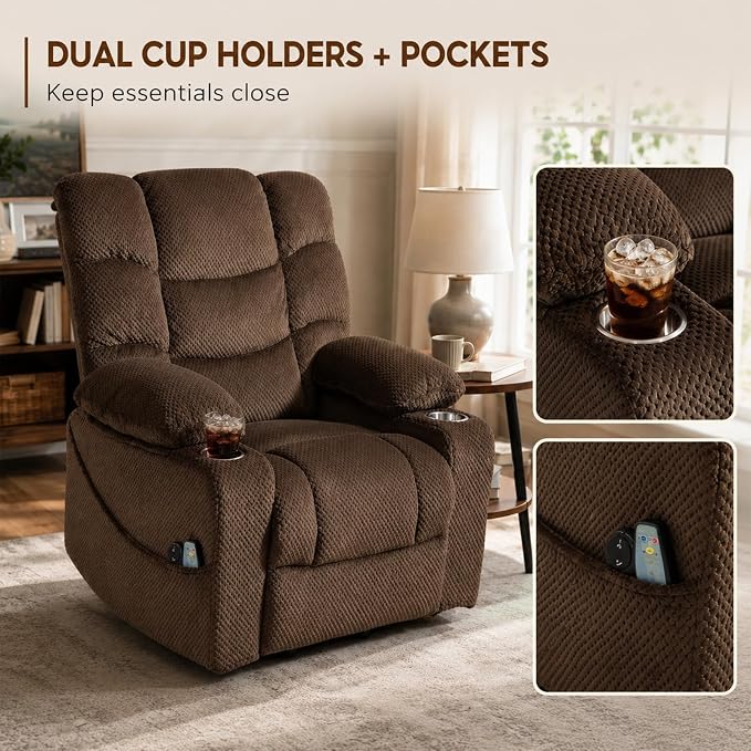 Ultra Wide Power Lift Recliner Chair for Elderly,Rotating Lounge Chair with Hot Massage Heating and Auxiliary Standing Function,Oversized Lazyboy Single Sofa with Cup Holder for Living Room (Brown)