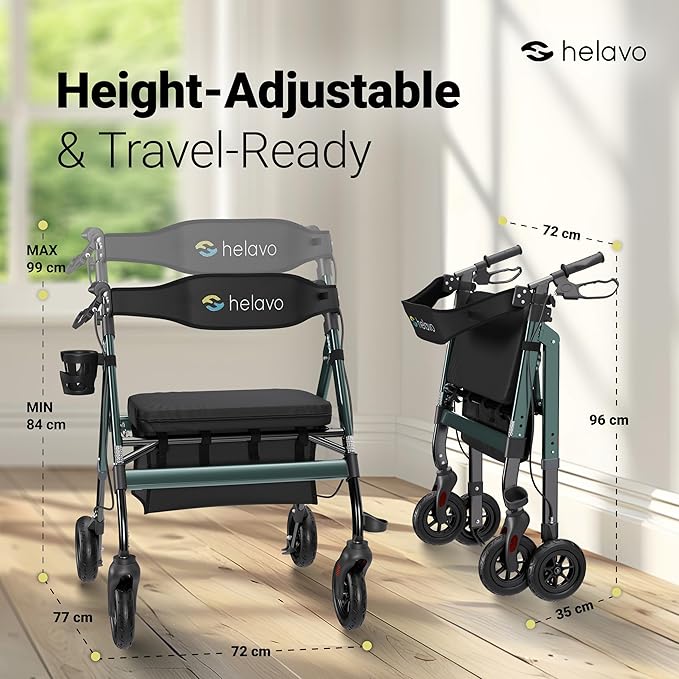 Helavo Bariatric Walker with Large, Height-Adjustable Seat, 500 lbs Weight Capacity, 8-inch Wheels, 28-inch Wide - Extra Wide Heavy Duty Rollator for Seniors