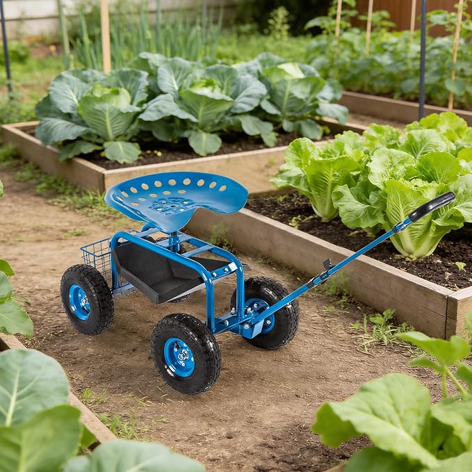 kinbor Rolling Garden Scooter Garden Cart with Tray, 360 Swivel Seat, Blue