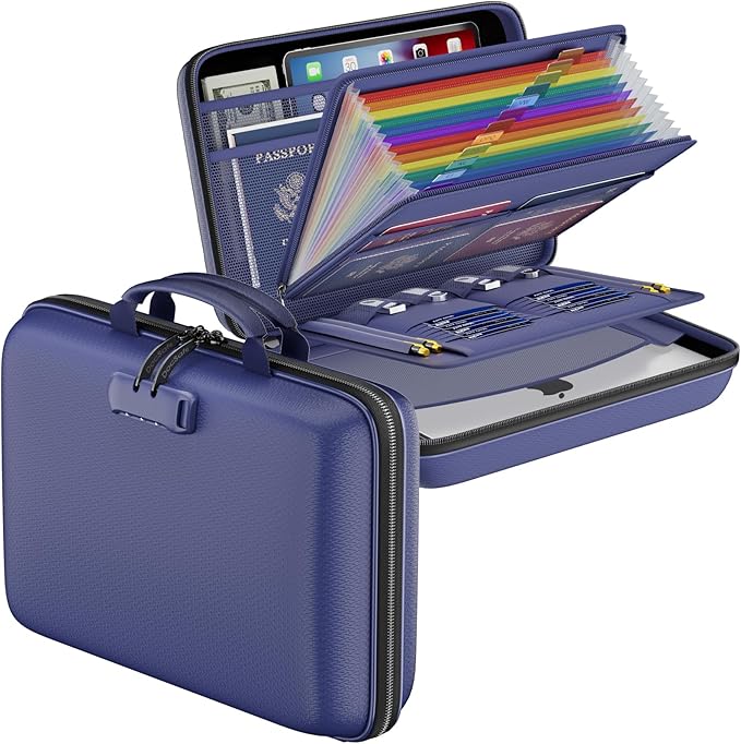 DocSafe Fireproof File Organizer with Lock, Hard-Shell Case Fireproof Document Box with 13 Pocket Accordion File Folder, Portable Home Office Travel Safe Storage for Important Documents Laptop Blue