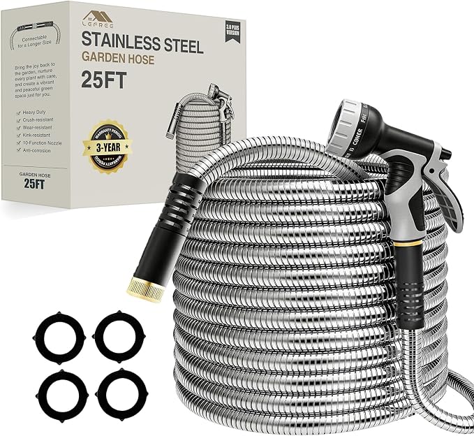 Lefree 25FT Stainless Steel Garden Hose | Lightweight Kink‑Free Leak‑Proof with Upgraded Rubber Sleeve, 10‑Pattern Nozzle for Patio, Backyard, Car Washing & Pet
