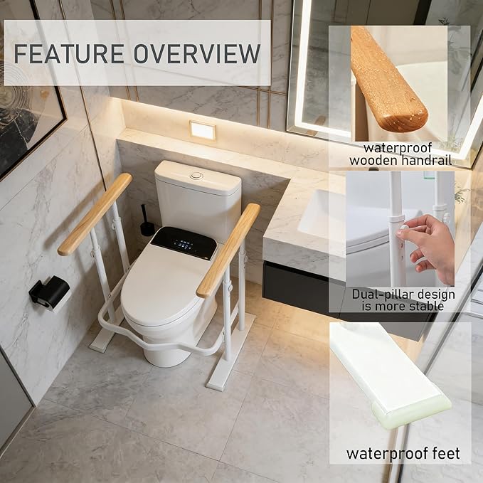 Toilet Safety Rails for Seniors - Toilet Safety Frame with Dual Pillars, Waterproof Nighttime Reflective Base, 3-Speed Height Adjustment (White, Double Pillar)