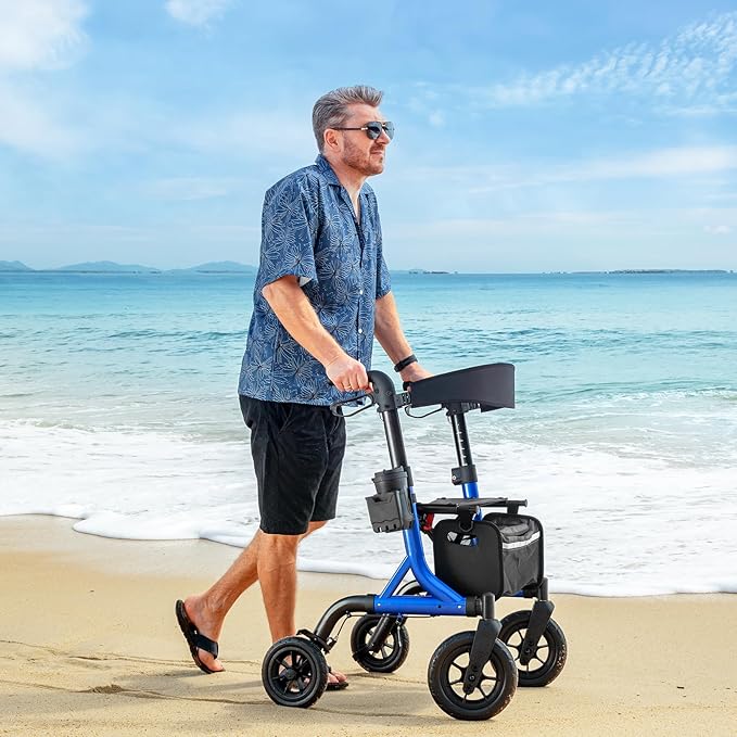 Walkers for Seniors, Rollator Walker with Seat, 10" Rubber Wheels All Terrain Rollator Walker with Backrest, Aluminum Walkers Built-in Cable, Foldable and Adjustable Height for Seniors, Blue