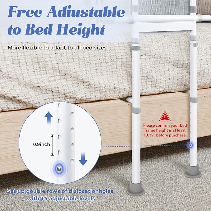 Bed Rails for Elderly Safety 400lb, Adjustable Assist Handle with Pocket | Fits frames 13.19"-19.16". Steel frame holds 400 lbs. Non-slip handle & rubber feet. No-tool assembly