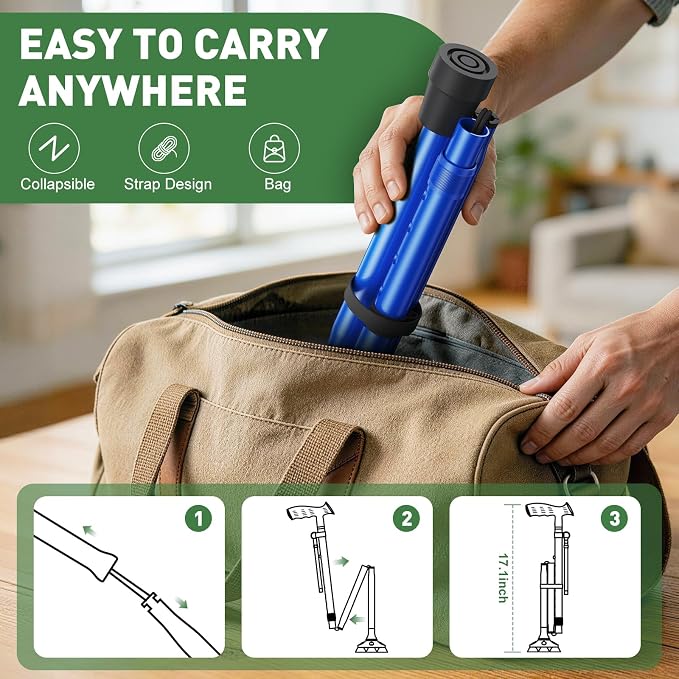 Walking Cane for Men & Women, Sturdy Walking Sticks for Seniors | Foldable, Adjustable, All Terrain Tips for Daily Use/Travel, Comfort Grip, Free Standing, Heavy-duty Aluminum, Black