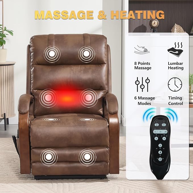 Trustyue Power Lift Recliner Chair,180° Lay Flat Recliner,Lift Chair with Massage and Heat,Standing Assistance, Living Room Chair for Elderly People Faux Leather, Brown
