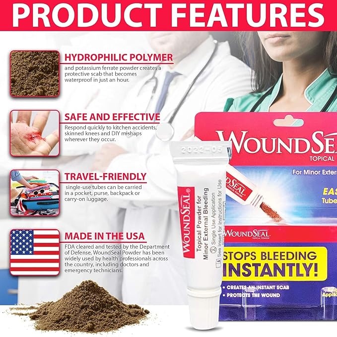 WoundSeal Powder 4 Each (Pack of 2) - Wound Care First Aid for Cuts, Scrapes and Abrasions - Stops Bleeding in Seconds Without Stitches or Bandages - Safe and Effective for People of All Ages and Pets