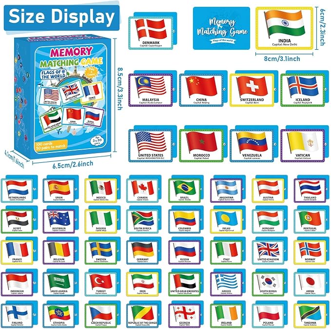 gisgfim 100 PCS Memory Matching Game Flags of The World Concentration Memory Card for Kids and Adults Learning Educational A Fun & Fast Countries of The World Matching Games