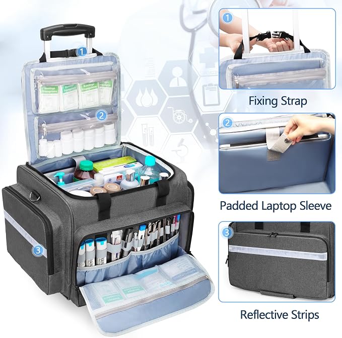 Damero Rolling Medical Bag with Detachable Trolley & Cover Fixed Strap | Medical Bag On Wheels with Inner Dividers, Bottom Support Board, Shoulder Strap for Home Health Nurses, Doctors, EMT, EMS