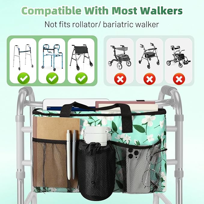 Rhino Valley Walker Bag, Large Capacity Walker Accessories Storage Bag with Multi Pockets & Cup Holder, Walker Basket with 4 pockets for Universal Walkers for Seniors, Green Lily