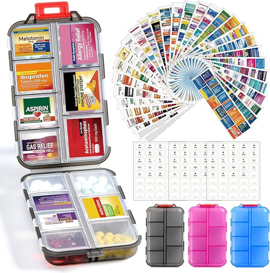 3 Pack 14 Grids Travel Pill Organizer Box with 415-Pcs Medicine Name Labels - Pocket Daily Pharmacy Case Container Kit - Travel Medication Holder Dispenser for Fish Oil Vitamin Supplement - Clear