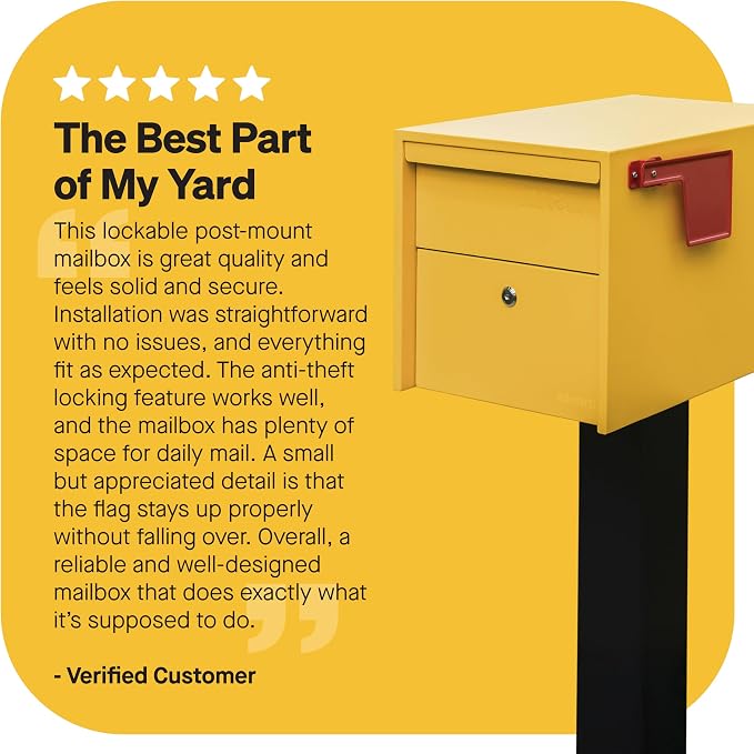 Adoorn Lockable Post Mount Mailboxes for Outside - Small Anti-Theft Locking Mailbox for Packages and Letters - Weatherproof Construction - Durable Steel - 12" H x 12" W x 18.5" D - Yellow