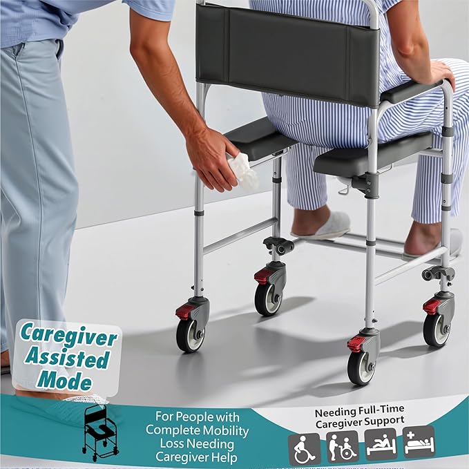 Bedside Commode with Wheels, Shower Wheelchair with 300 LBS Weight Capacity, Portable Toilet with Bucket for Elderly and Disabled