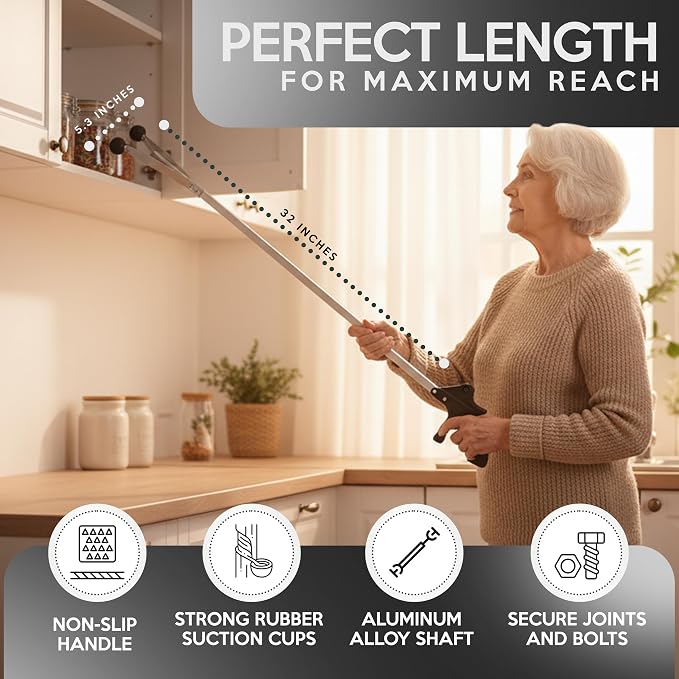 Suction Cup Grabber Reacher 32"" - Elderly Grab It Reaching Pickup Tool Heavy Duty for Seniors - Trash, Sticks, Litter Picker Upper - Extra Long Reach Handle & Handy Extension Arm Claw (2), Grey