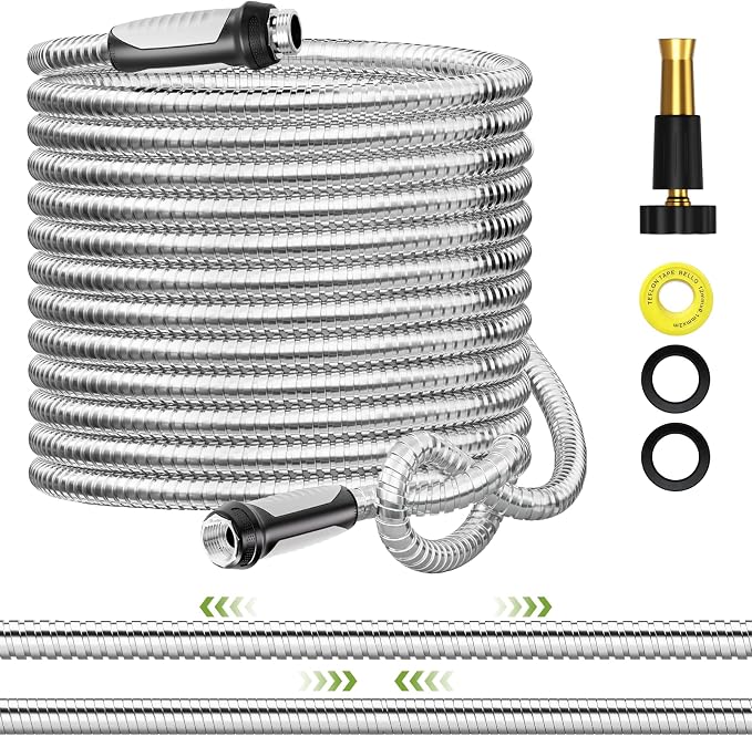 SPECILITE Expandable Metal Garden Water Hose 50 FT with Adjustable Nozzle | 1.5X Expandable, 304 Stainless Steel Heavy Duty, Flexible, Kink Free, Leak-Proof, Lightweight, for Reel Outdoor Yard Car Wash