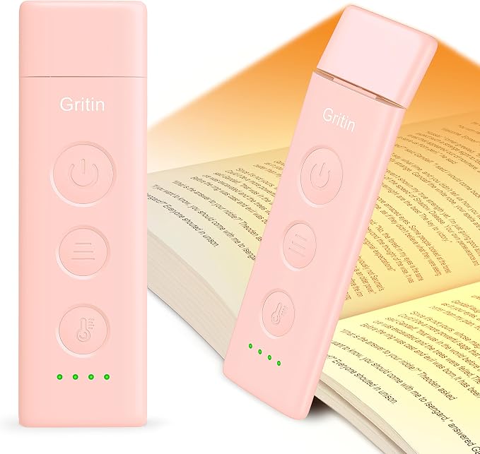 Gritin Book Light Rechargeable, Clip on LED Reading Light for Books in Bed | Eye Caring 3-Color & 5-Brightness, Stepless Dimming, Long Lasting, Compact Size Flexible Book Lamp for Bookworms-Pink