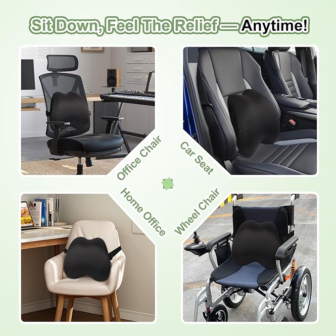 Lumbar Support Pillow Office Chair Car Back Pillow Ergonomic Lower Back Pain Relief Breathable Air Fiber Cushion with Hours Sitting on Worker Driver & Handicapped, Adjustable Strap (Dark Gray)