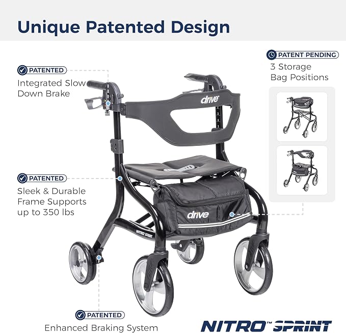 Drive Medical Nitro Sprint Rollator Walker with Seat, Petite Height, Black | Lightweight Rollator with Large Wheels Offers Short, Foldable Design for Seniors and Adults Every Day