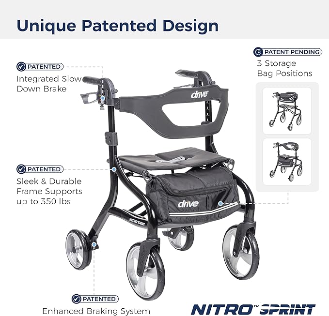 Drive Medical Nitro Sprint Rollator Walker with Seat, Tall Size, Black | Lightweight Rollator with Large Wheels Offers Compact Folding Design for Tall Size Everyday Comfort Use